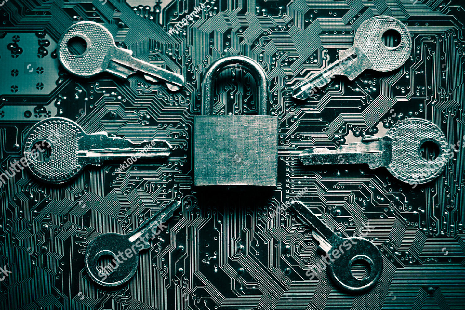 Image of lock and keys over circuit board